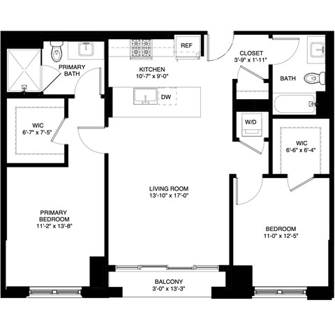 Floor plan for 2 beds, 2 baths, 1106 sqft
